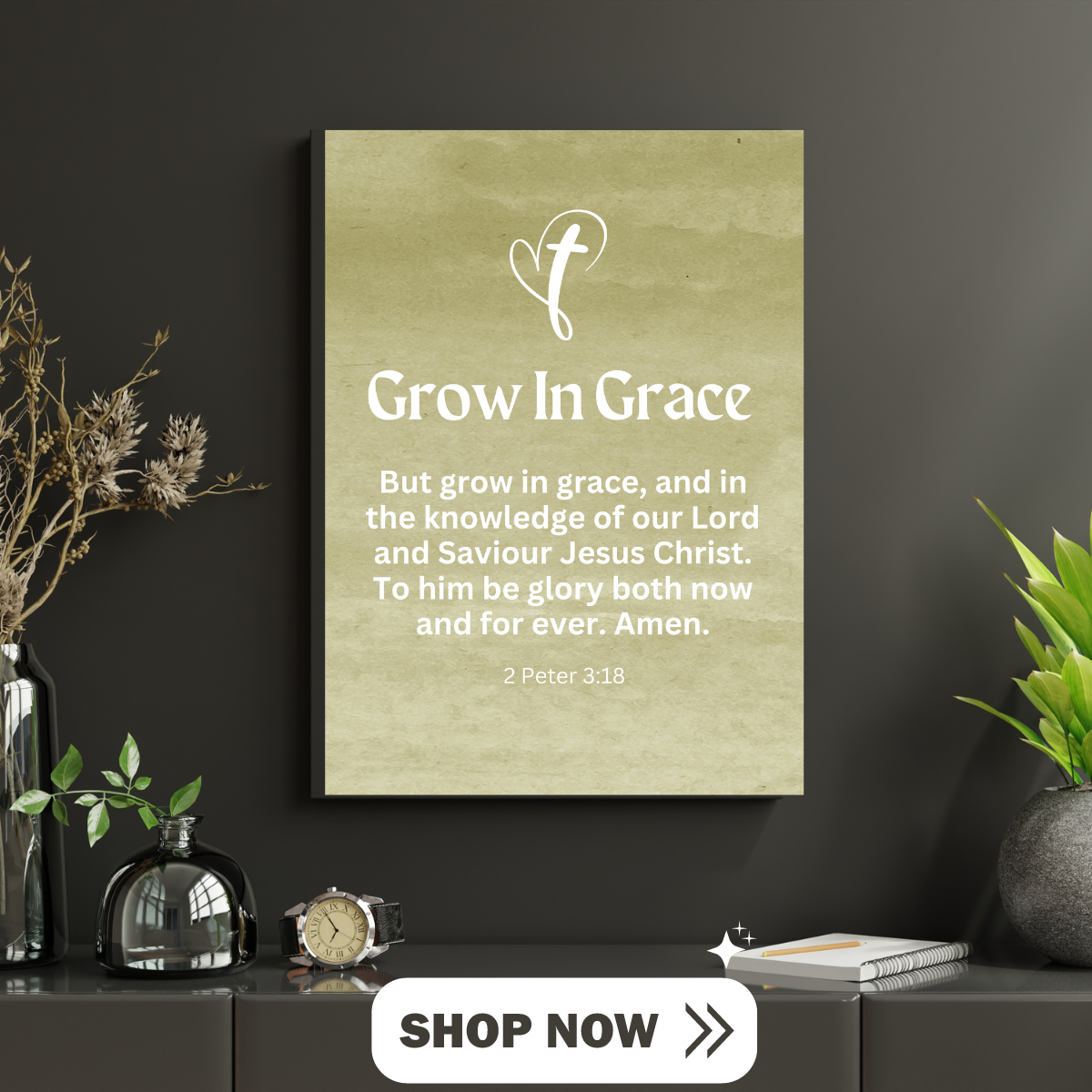 Grow in Grace Christian Faith Wall Art Decor Canvas Scripture Art Prints and Bible Verse Art Canvas Stretched in 1.5''