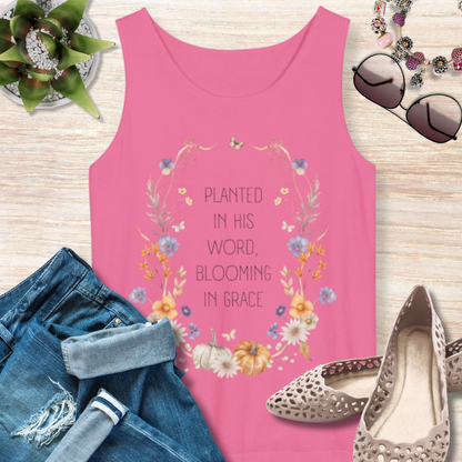 Planted in His Word Blooming in Grace Christian Tank Top