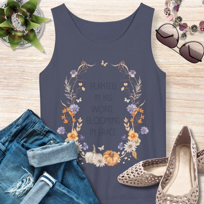 Planted in His Word Blooming in Grace Christian Tank Top