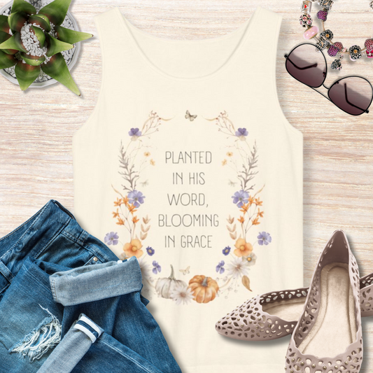 Planted in His Word Blooming in Grace Christian Tank Top