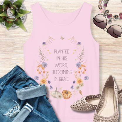 Planted in His Word Blooming in Grace Christian Tank Top
