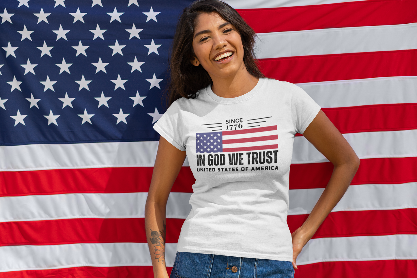 In God We Trust Christian American Flag Tshirt with US Flag