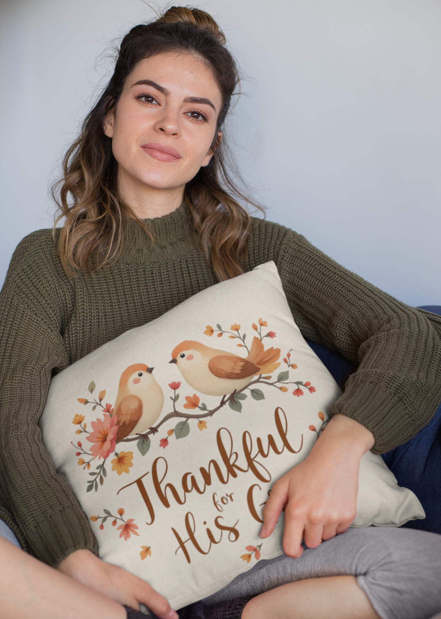 Thankful for His Grace Pillow, Christian Pillow,  Spun Polyester Square Pillow, Decorative Thanksgiving Pillow